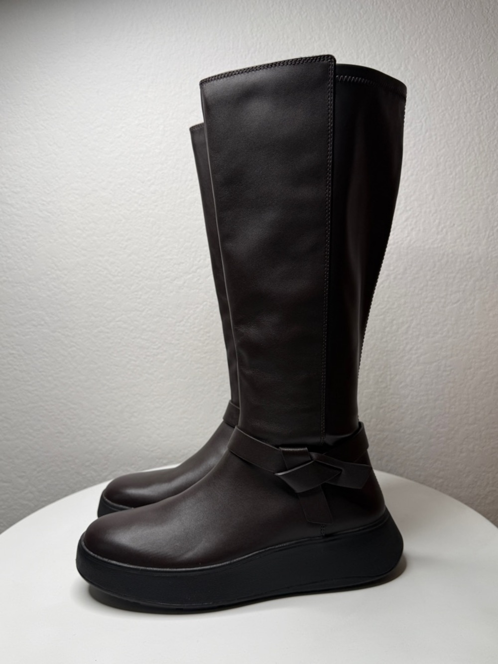 FitFlop Leather F-Mode Knot Flatform Boots Side Zip Brown Size 8